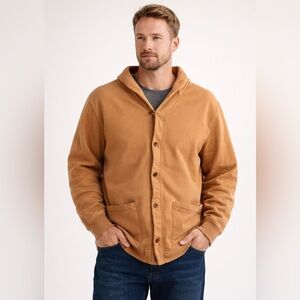 Lands’ End Men’s Button Front Fleece Cardigan Barn Jacket Shawl Collar Tan XL